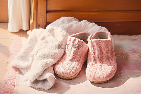 温暖毛衣背景图片_拖鞋放在粉色毛衣上面