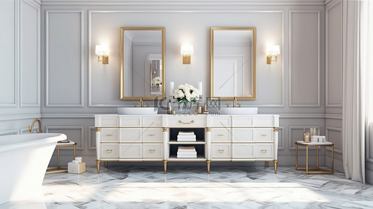 豪华台灯背景图片_豪华级现代化新古典主义浴室家具，配有双梳妆台和带台灯 3D 渲染的架子