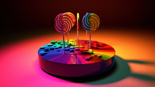 3d 渲染的彩虹棒棒糖领奖台