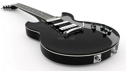 干净的白色背景 3D 渲染上时尚复古风格的黑色电吉他