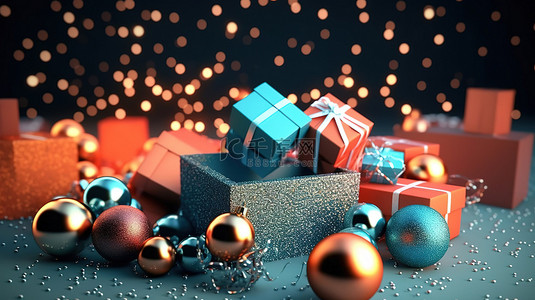 节日 3D 渲染卡，配有球星树和礼品盒，祝您圣诞快乐，新年快乐