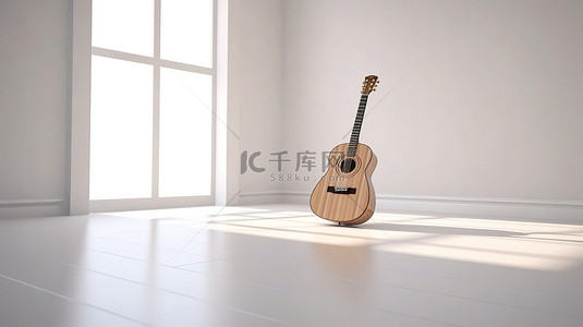 白色空间中原声吉他的 3D 渲染