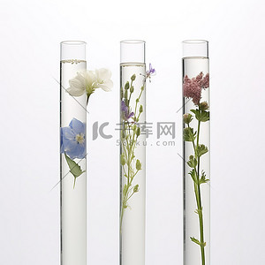 试管滴油背景图片_四个装有水和鲜花的实验室试管