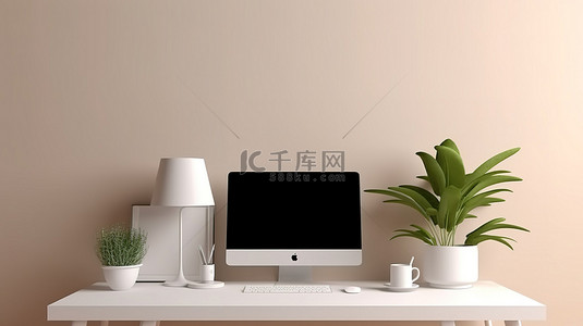 简约的桌面装饰，配有 3D 渲染的计算机模型植物和灯