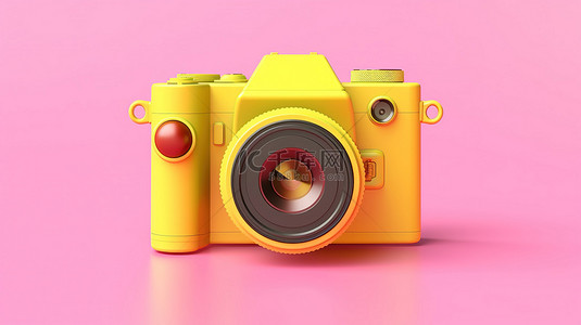 黄色背景简单背景图片_粉红色相机在充满活力的黄色背景下的 3D 渲染插图