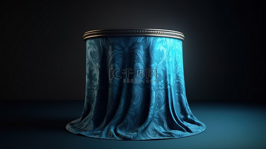 圆形基座上的蓝色丝绒布具有照明灰色背景的 3D 渲染