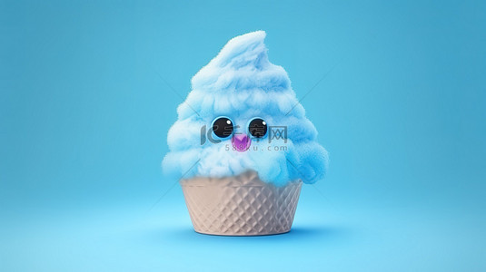 异想天开的华夫饼杯冰淇淋，上面有彩色蓬松的绒球 3D 渲染