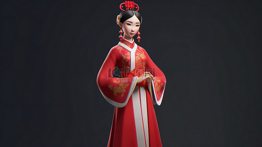 中国新年庆祝活动以 3D 插图描绘，一位穿着传统服饰的时尚女性