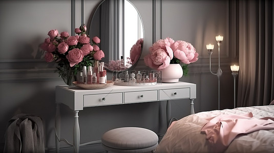 带 3D 渲染梳妆台和新鲜玫瑰的卧室角落