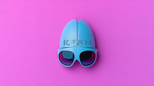 蓝色和紫色柔和背景上搭配浮雕 3D 眼镜的 PC 鼠标的顶视图