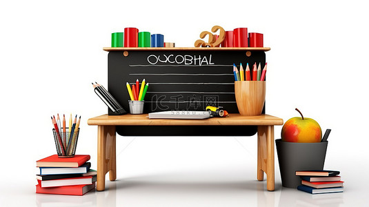 书和孩子背景图片_学校课桌书黑板和白色背景下返回学校标志的 3D 渲染