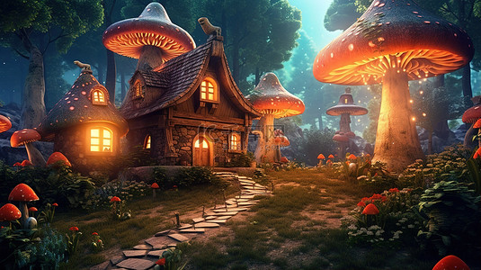 房子未装修背景图片_一个神奇的森林精灵村庄，有蘑菇屋发光的树和 3D 插图