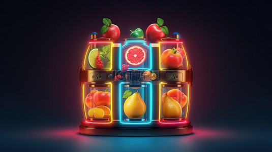 美拉德背景海报背景图片_带霓虹灯的水果图标老虎机的未来 3D 插图