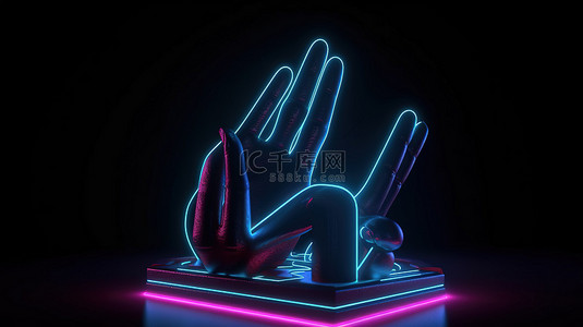 胜利手势用霓虹灯和几何形状在 3D 渲染中悬浮黑色人造手