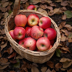 地上放着一个装满红苹果的柳条篮