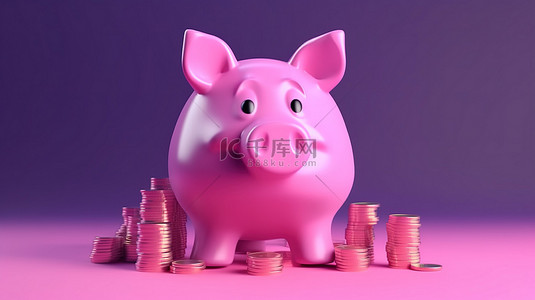 存钱罐和硬币背景图片_卡通风格的存钱罐和硬币的 3D 渲染，在背景上描绘金融投资和金钱概念