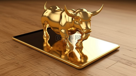 股票牛市背景图片_出于商业目的，在数字平板电脑上栖息金牛的 3D 渲染