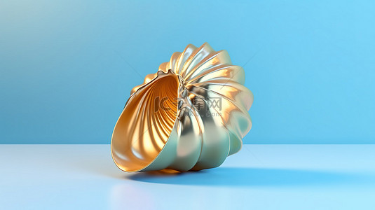 柔和的蓝色背景下金色贝壳艺术品的 3D 渲染