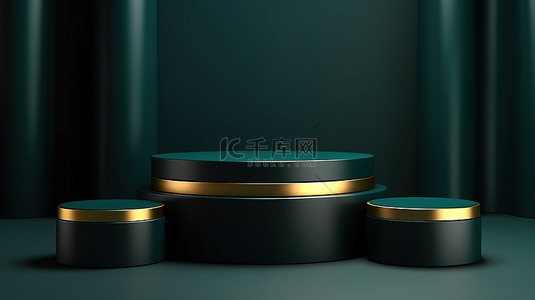 刺绣样机背景图片_简约奢华的产品展示三个深绿色 3D 讲台支架，精致背景上有金色线条