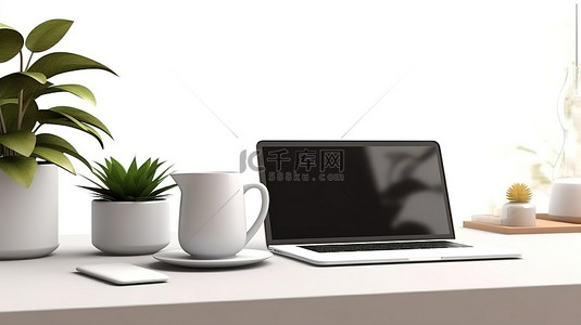 电脑比对背景图片_1 在工作台上对空白屏幕笔记本电脑进行 3D 渲染，并在白墙上有蒙太奇空间