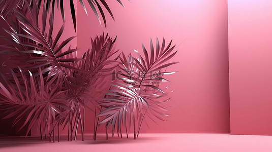 产品展示抽象棕榈叶的空间 3D 渲染，在粉红色背景上投射阴影