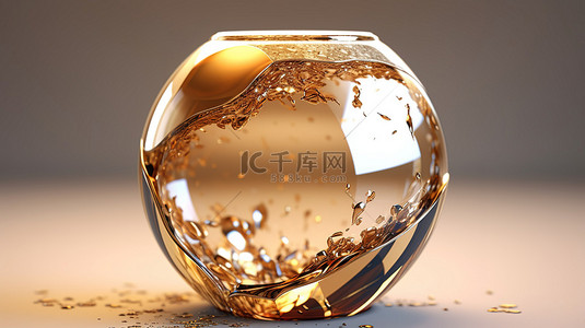 抽油烟雾效果背景图片_米色背景与抽象熔融金玻璃球的 3D 渲染