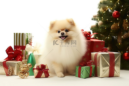 英语可爱背景图片_一只博美犬坐在一些圣诞礼物前