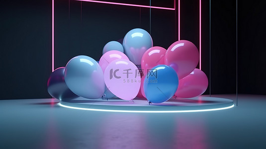 漂浮纸屑图案背景图片_LED 灯框照亮漂浮在 3D 渲染中的粉色蓝色和白色气球