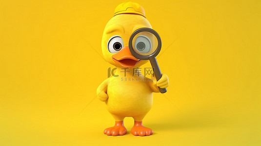 可爱鸭背景图片_黄色背景上带有放大镜的迷人黄鸭卡通人物的 3D 渲染