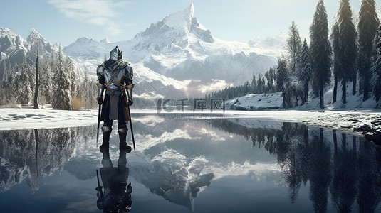 冰冻反射中世纪骑士对雪山和冰湖的 3D 渲染