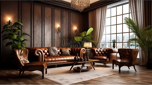 经典复古背景图片_现代经典复古客厅中棕色皮革扶手椅的永恒优雅 3D 渲染