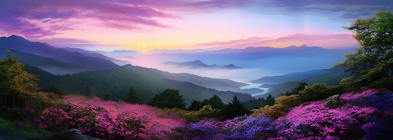 远处有紫色的花草树木的风景