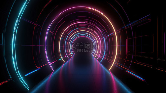 3d 渲染中的数字隧道发光霓虹灯