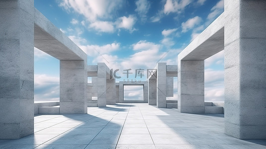 多云天空下具体几何建筑的 3D 渲染抽象背景