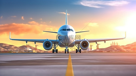 航空公司背景图片_飞机离开跑道的 3D 渲染和插图