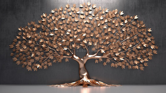 带有抽象铜金树的灰色墙壁的 3D 渲染