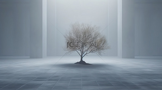 在雾蒙蒙的夜晚 3D 渲染中，孤树独自矗立在光滑的水泥地板上