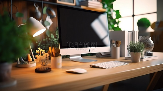家庭办公背景图片_3D 渲染家庭办公场景中的空电脑显示器和各种桌面配件