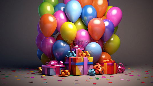 气球和丝带生日问候背景的 3d 插图