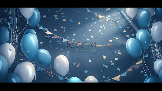 气球派对气球背景图片_带有 3d 渲染的派对气球和彩带框架的石板蓝色背景