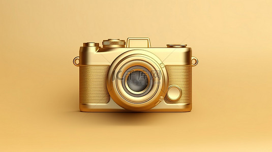 哑光金板，带有象征性的金色复古相机，以 3D 形式渲染为社交媒体图标