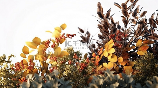 灌木丛和秋天树叶的 3d 渲染