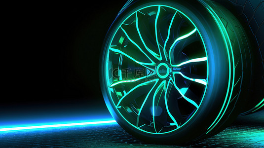 霓虹灯下发光的车轮线框的 3D 渲染