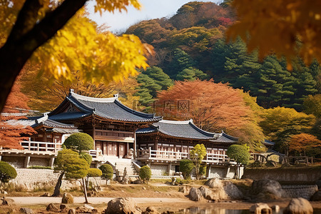 秋天色彩的韩国村庄有两座华丽的建筑