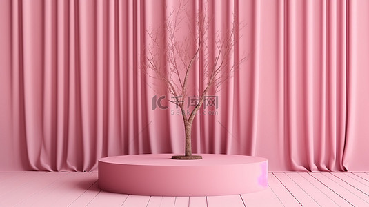 干树枝背景图片_带有粉红色讲台和干树枝的干净窗帘背景的 3D 渲染