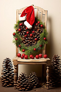 圣诞老人查理树在椅子上圣诞装饰品圣诞老人帽子和松果