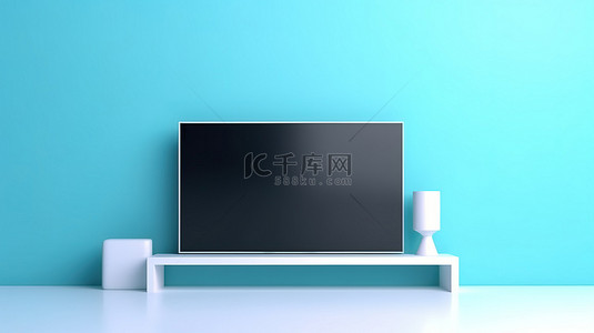 3d 蓝色背景下黑色电视机上空亮的白色屏幕