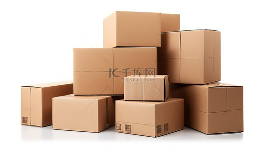3d 渲染棕色纸箱包装货物和交付包裹箱在白色背景