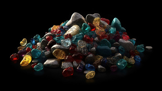 3D 渲染的深色背景上众多珍贵宝石的心形排列