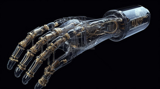 在 X 射线视图中隔离在机械臂或机器人手的黑色 3D 渲染上
